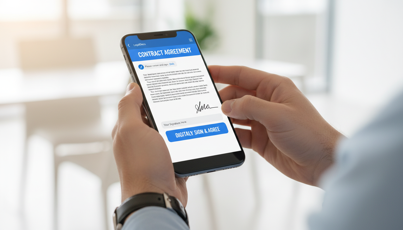 Nuestra tecnología permite liquidar impuestos y firmar contratos de forma 100 por ciento digital. Persona utilizando un smartphone para realizar una firma digital por SMS de un contrato de coche