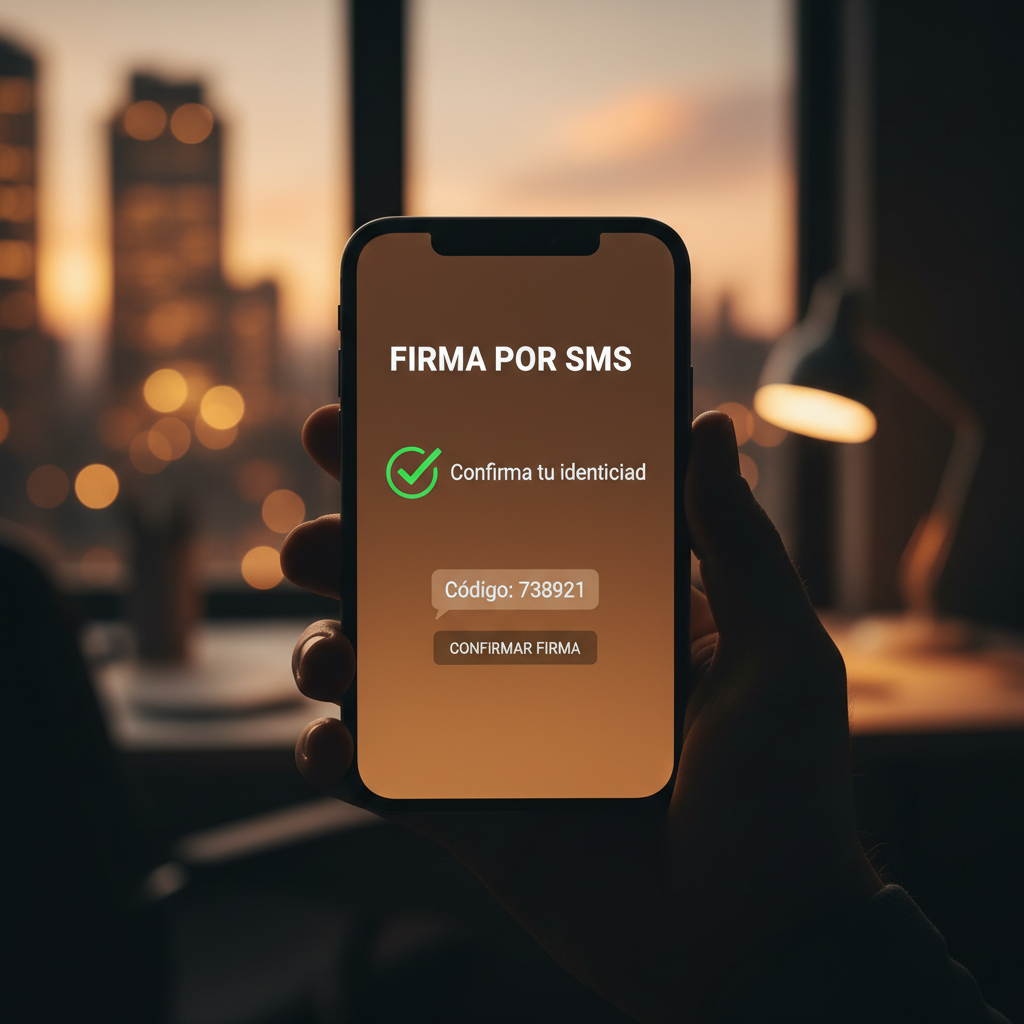 Nuestro sistema de firma por SMS permite cerrar la compraventa de tu clásico en minutos. Primer plano de un teléfono móvil recibiendo una notificación de firma por SMS para trámite de coche