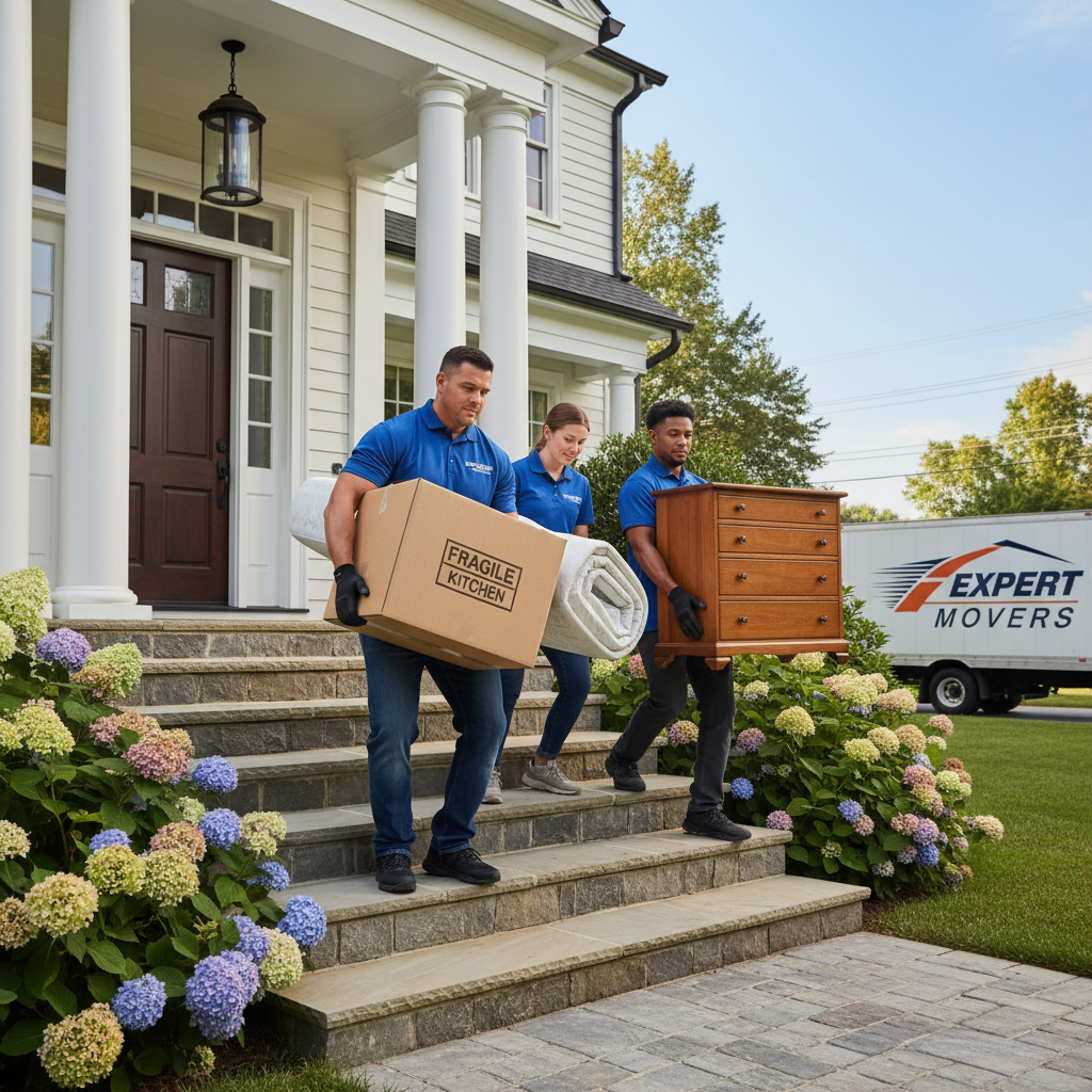 Let the experts handle the heavy lifting while you settle into the First City. Two professional movers efficiently carrying heavy boxes up the stairs of a new home during the unloading process.