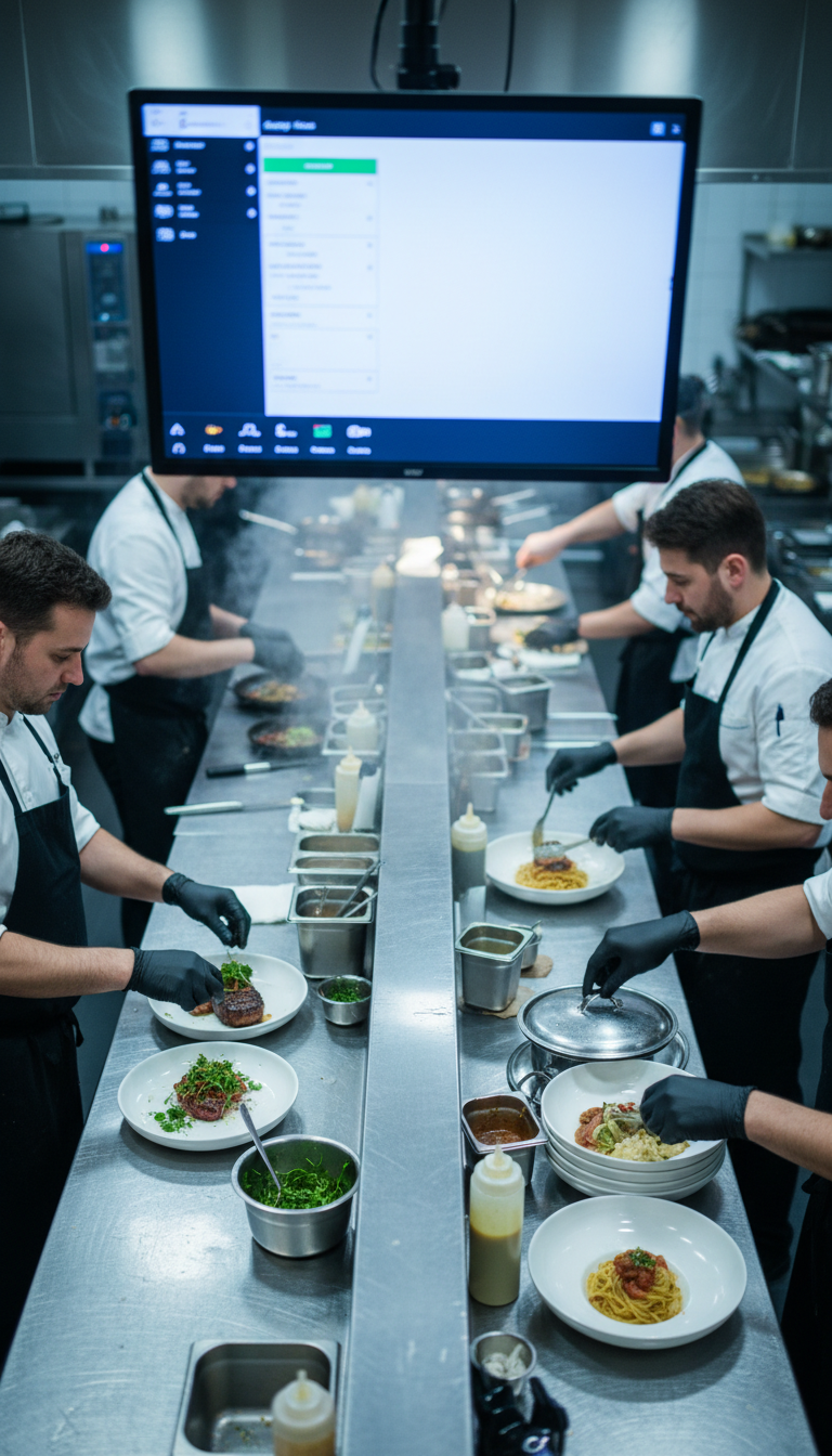 Digital commerce connects the front of house ordering system directly to the kitchen's production workflow. A busy restaurant kitchen pass with a digital order display showing kitchen tickets in real time.