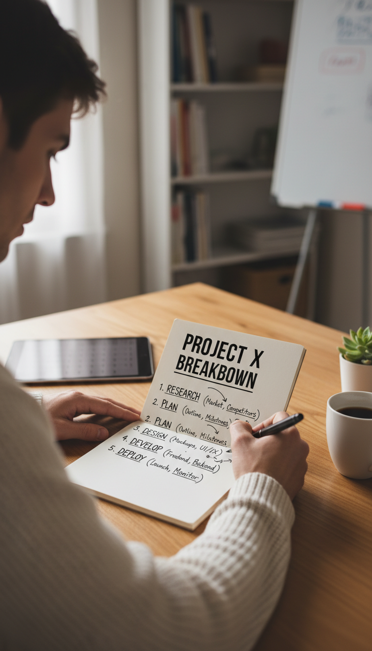 Breaking tasks into smaller, manageable steps helps lower the Wall of Awful. A person writing notes and breaking down tasks in a notebook to manage overwhelm.