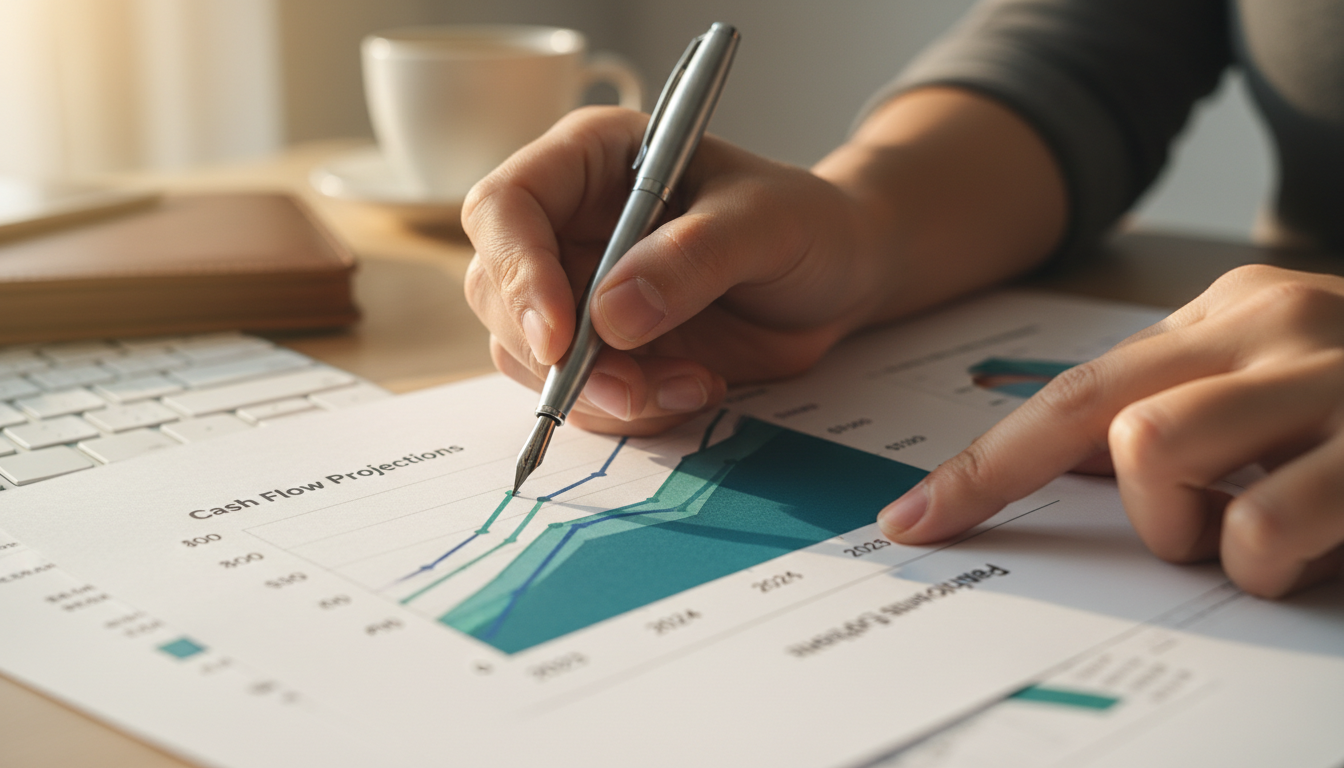 The permanent QBI deduction allows for more aggressive long-term growth projections. A hand pointing to a growth point on a financial forecast chart during a strategy session.