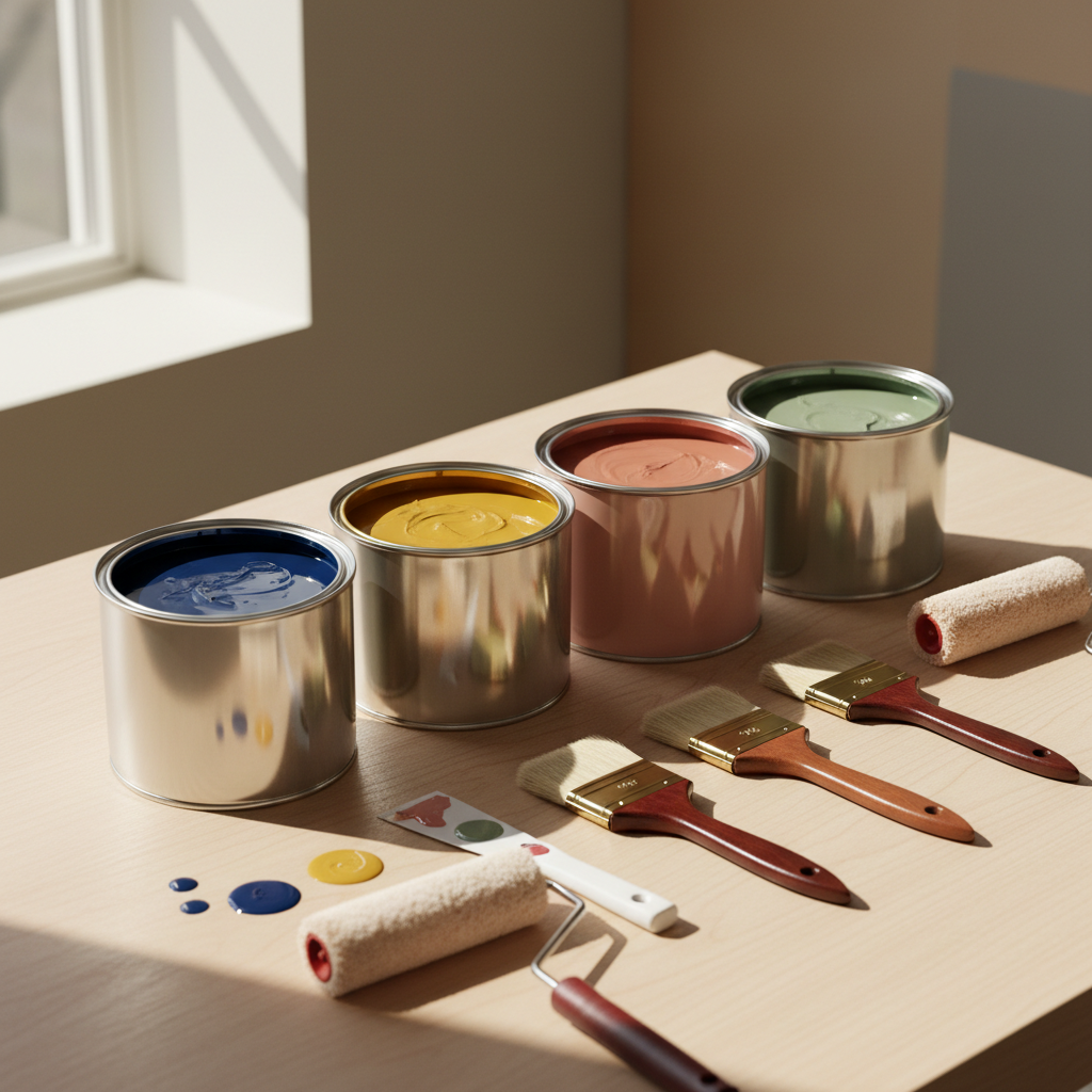 Choosing the right palette involves balancing aesthetic trends with UV-resistant pigment quality. Open cans of premium exterior paint in neutral and earthy tones with professional brushes on a work surface.