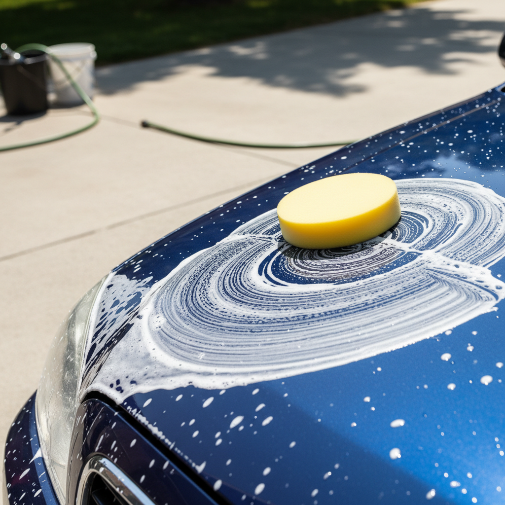 Professional-grade polishing protects paint and preserves resale value over time. Car exterior being polished with a foam pad under natural sunlight in a bright driveway
