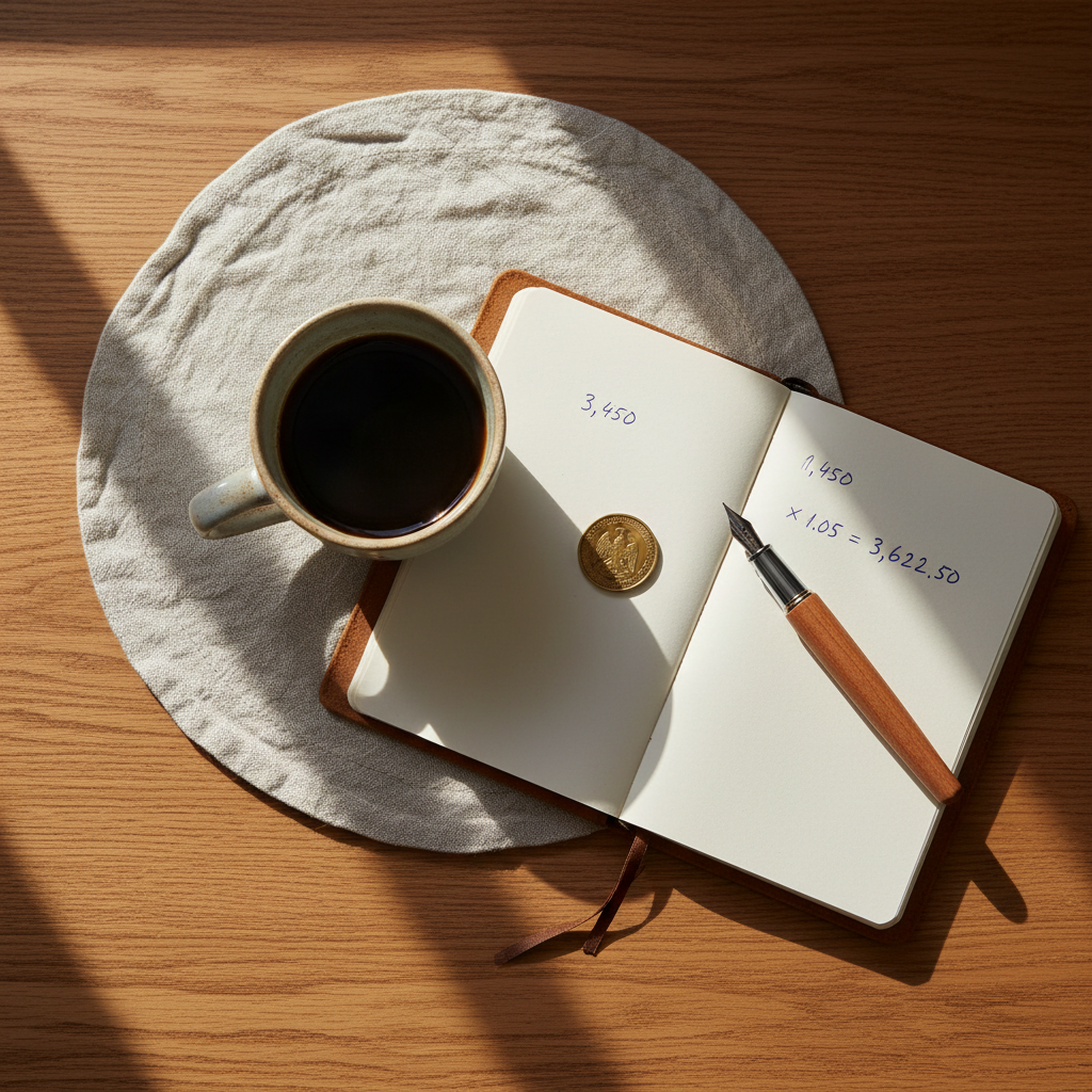 Re-evaluating your relationship with money can clarify your path at a life crossroads. A flat lay of a wooden desk with a coffee cup, an open notebook with handwritten financial figures, and a single coin.