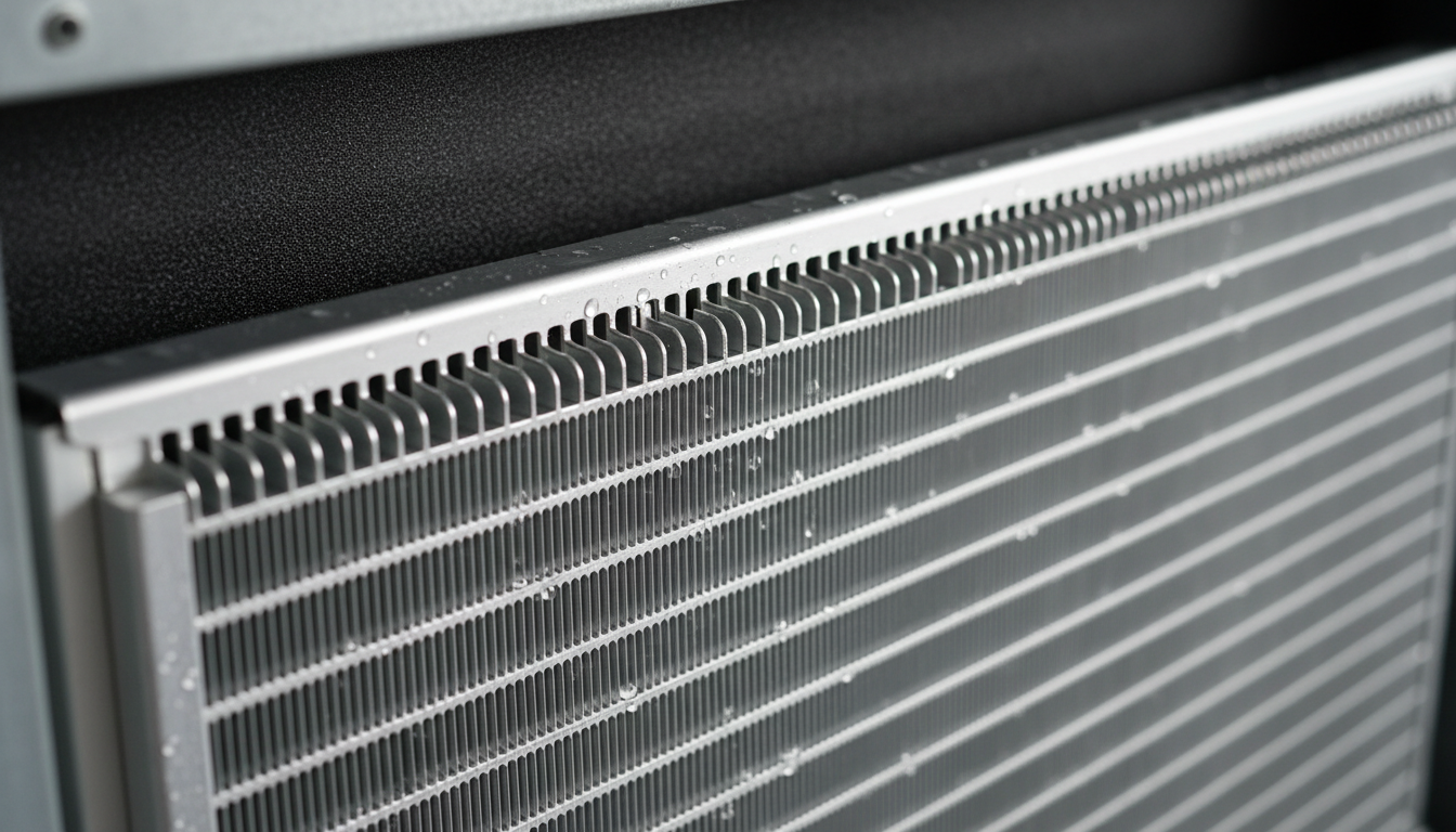 Clean coils mean better efficiency, lower power bills, and a longer-lasting unit. Close-up of spotlessly clean heat pump evaporator coils restored after a professional deep cleaning service
