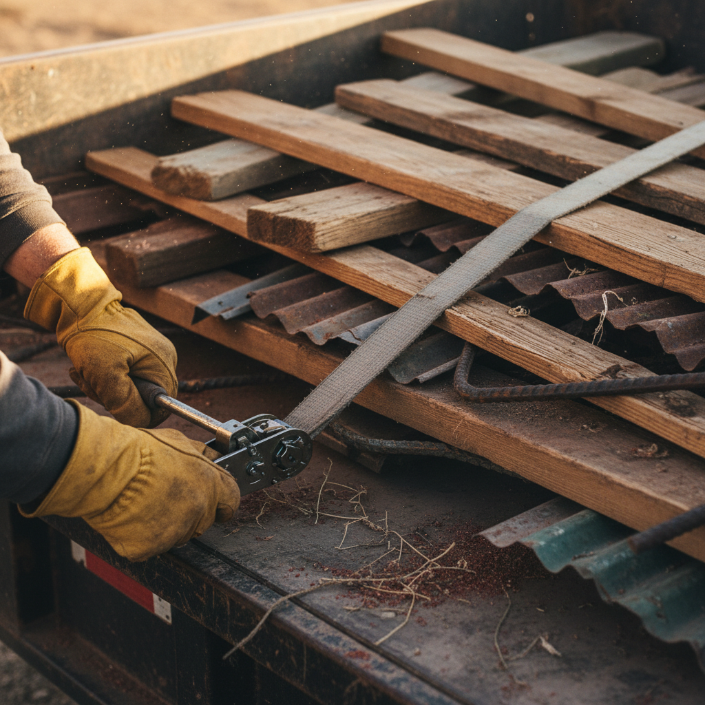 Properly securing and transporting demolition debris prevents accidents and ensures local compliance. Close up of a worker securing a pile of wooden planks and scrap metal in the back of a trailer using heavy duty straps.
