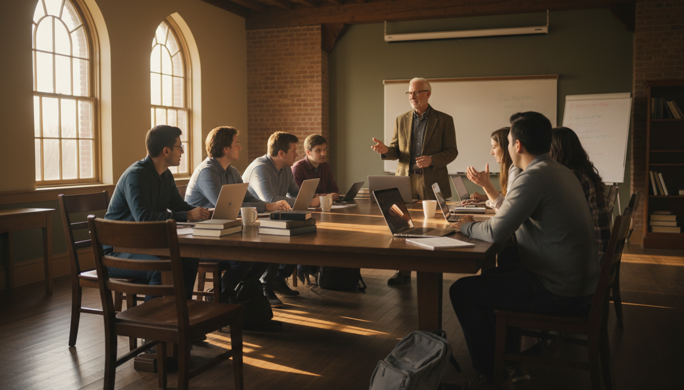 In-person and blended formats at Lasell University foster deep professional connections with faculty and peers. A professor leads a small seminar discussion with graduate students in a sunlit classroom at Lasell University.