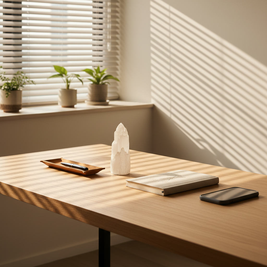 Cleansing your bracelet with Selenite helps clear previous energy before you set your intention. A minimalist Singapore apartment desk with a selenite tower and notebooks for intention setting.