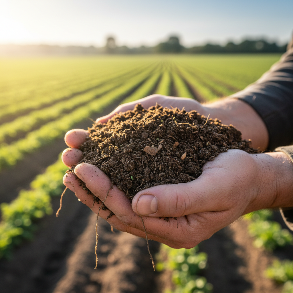 Healthy soil structure is the foundation of successful agricultural operations in Northern Utah. A farmer holding a handful of rich, dark organic soil to demonstrate healthy composition and texture.