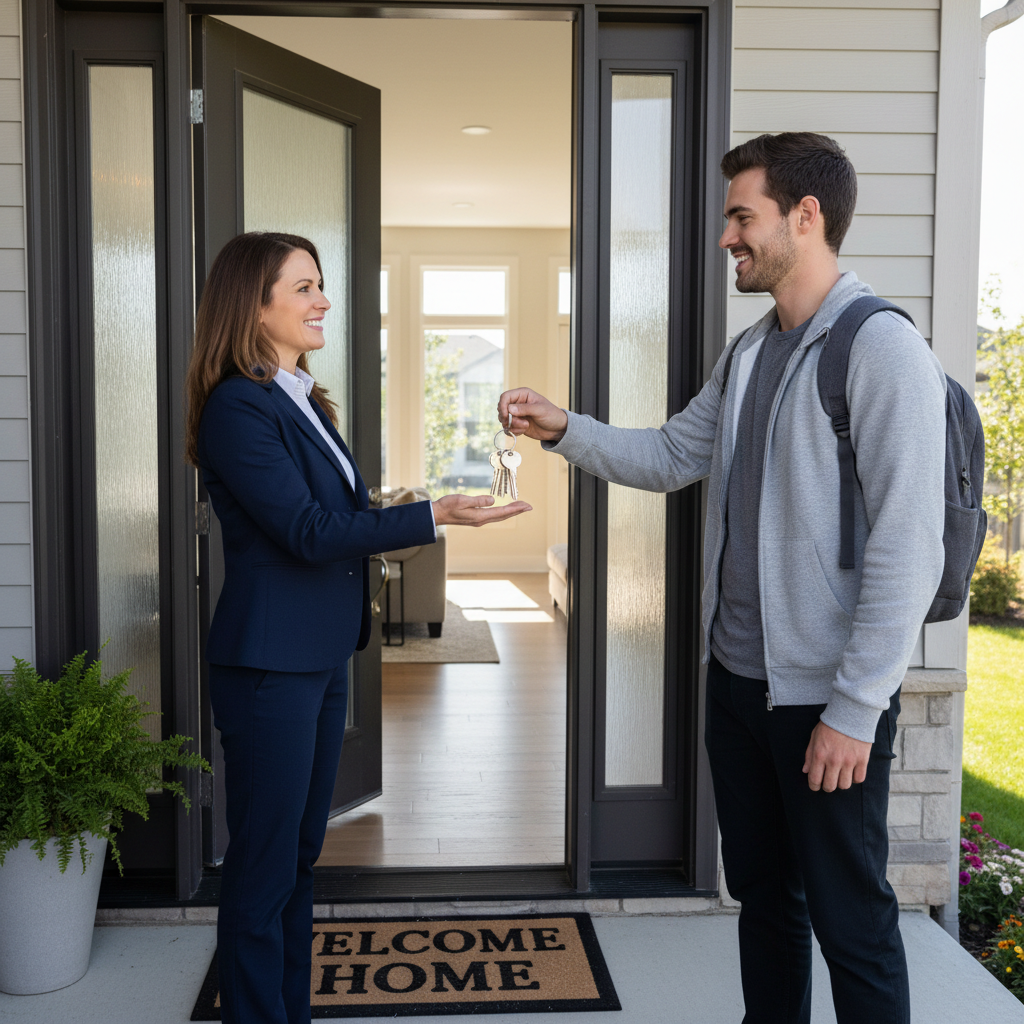 Securing high quality tenants in Simcoe County remains a strong strategy for long term growth. A professional real estate agent handing keys to a new tenant at the front door of a modern home.