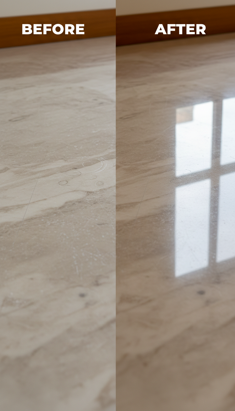 Kota and other natural stones require different polishing frequencies compared to traditional marble. Kota stone floor in a stairwell showing a dusty, dull side compared to a deep, rich green-gray side with a soft sheen.