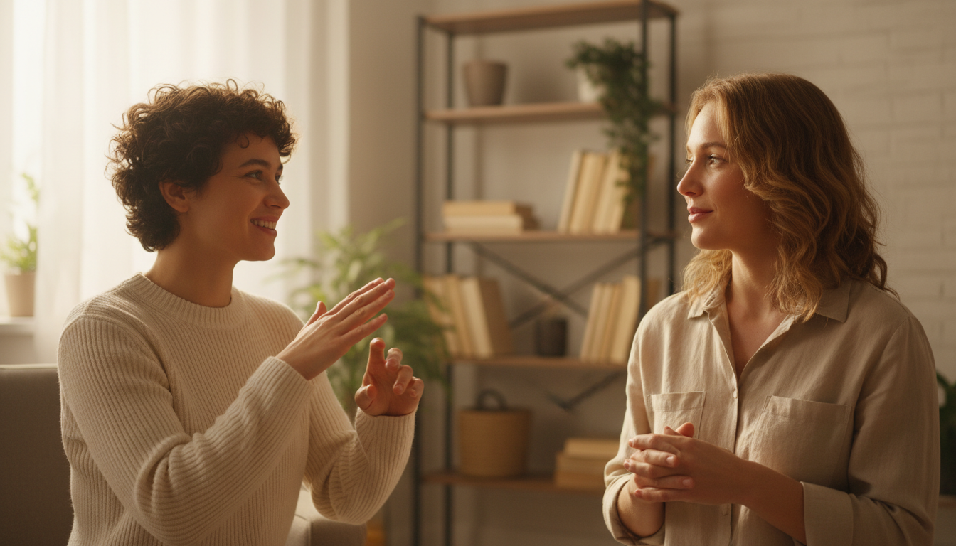 Real connection happens when adults move beyond apps to face-to-face communication. Two adults in a cozy living room setting practicing American Sign Language together with attentive expressions.