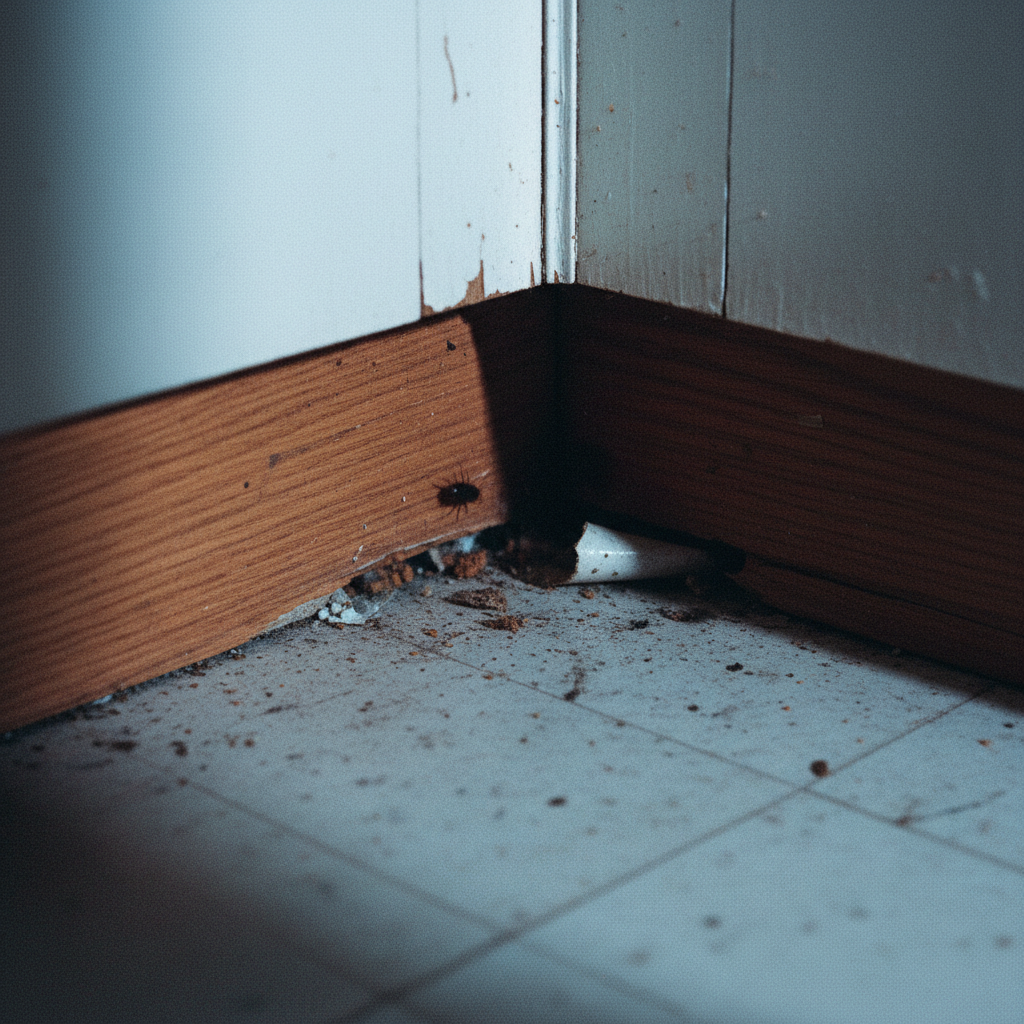 German cockroaches prefer tight, dark spaces near food and moisture sources. Close up of a kitchen baseboard corner showing dark shadows and crevices where cockroaches hide and leave droppings.