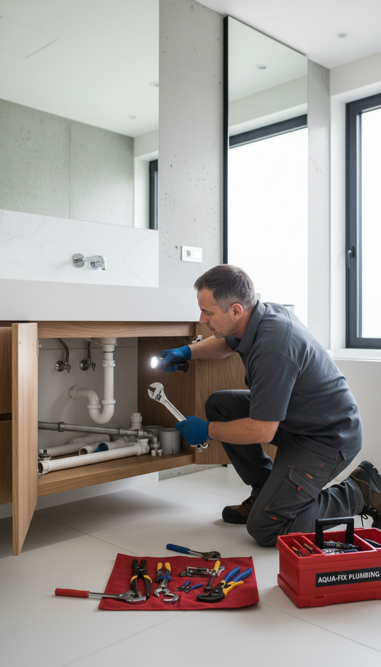 Regular inspections of indoor pipe connections can prevent small leaks from becoming major safety hazards. Plumbing expert checking pipe connections under a residential sink with specialized tools to ensure no gas or water leaks are present.