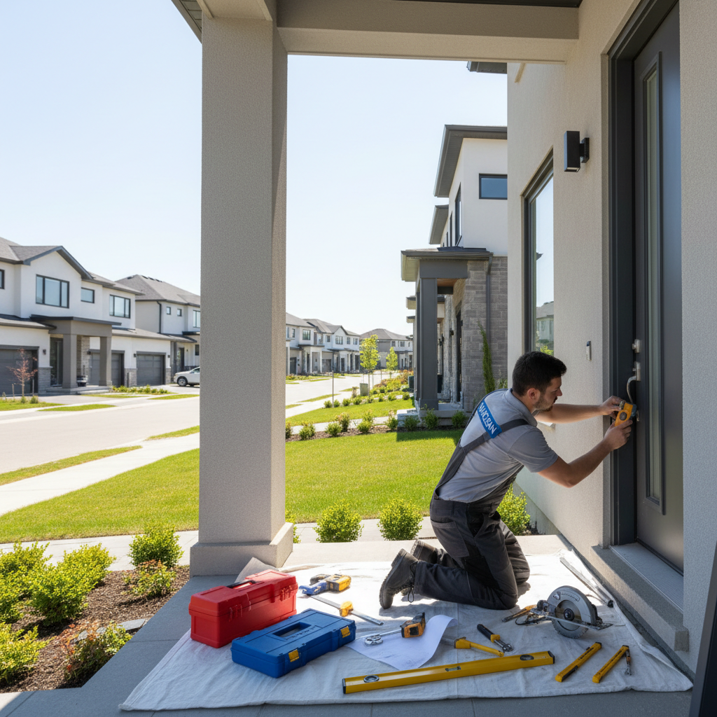 Most emergency door repairs in Toronto are completed in a single visit. fixnclean technician measuring and preparing a residential door frame for same-day repair in North York