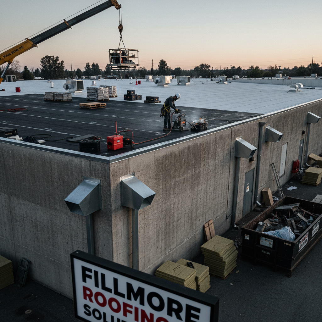 Commercial roofs require specialized tools to detect moisture trapped beneath the membrane. A commercial roofing project in Fillmore showing proper drainage systems and professional installation on a flat roof.