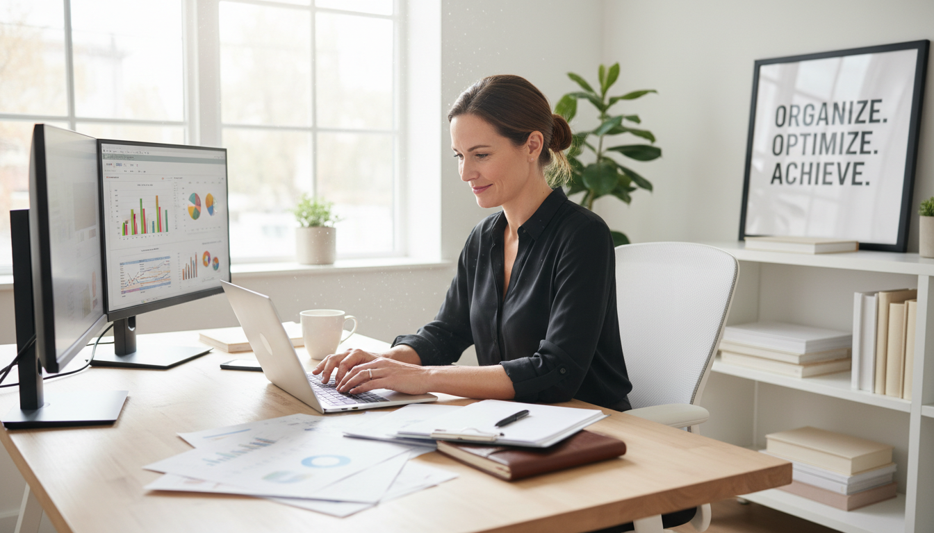 Many owners feel trapped when growth increases complexity faster than they can manage it alone. Small business owner typing on a laptop at a wooden desk with financial documents in a home office.