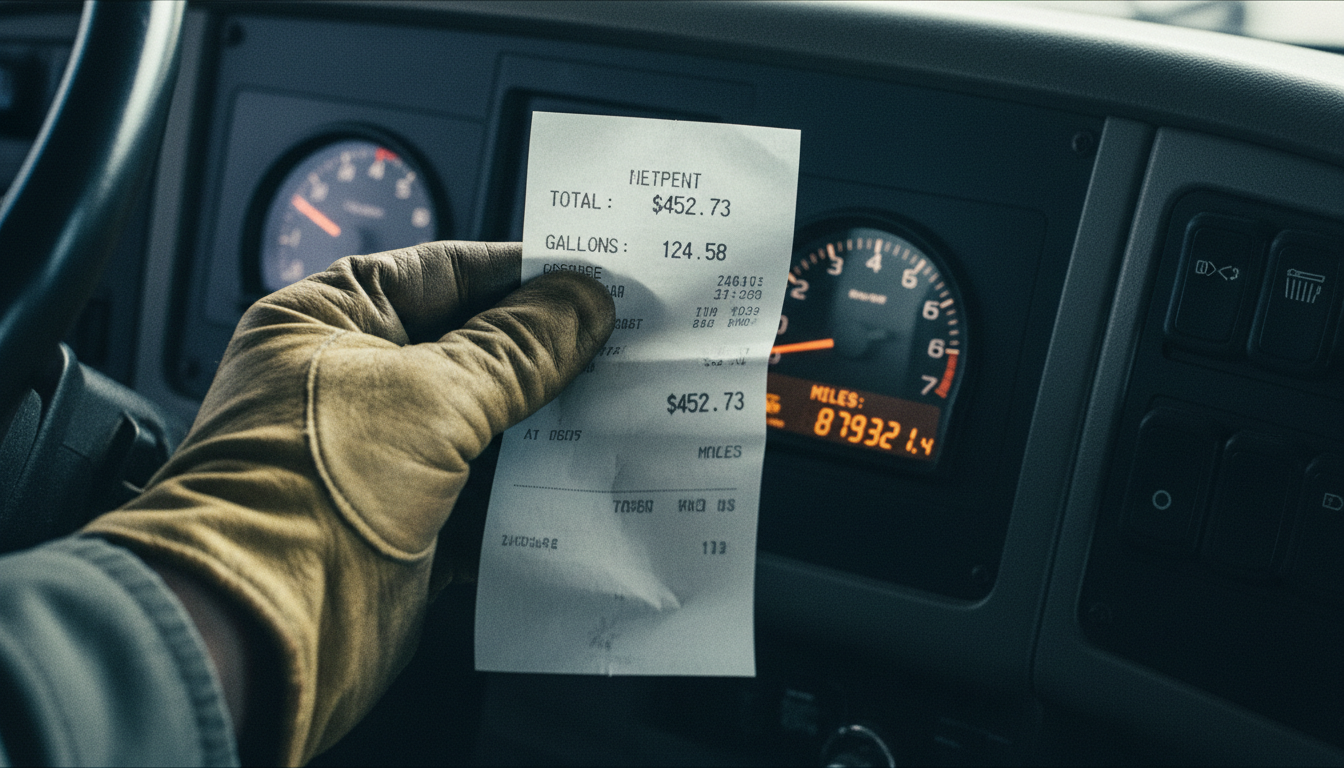 Pairing fuel receipts with odometer readings is the foundation of accurate IFTA reporting. A truck driver holding a fuel receipt next to a dashboard odometer for mileage tracking.