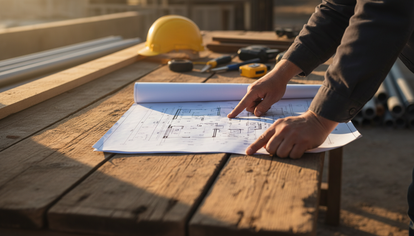 Thorough planning and accurate blueprints are the foundation of a successful permit application. Hands of a construction professional reviewing detailed architectural blueprints on a wooden work table.