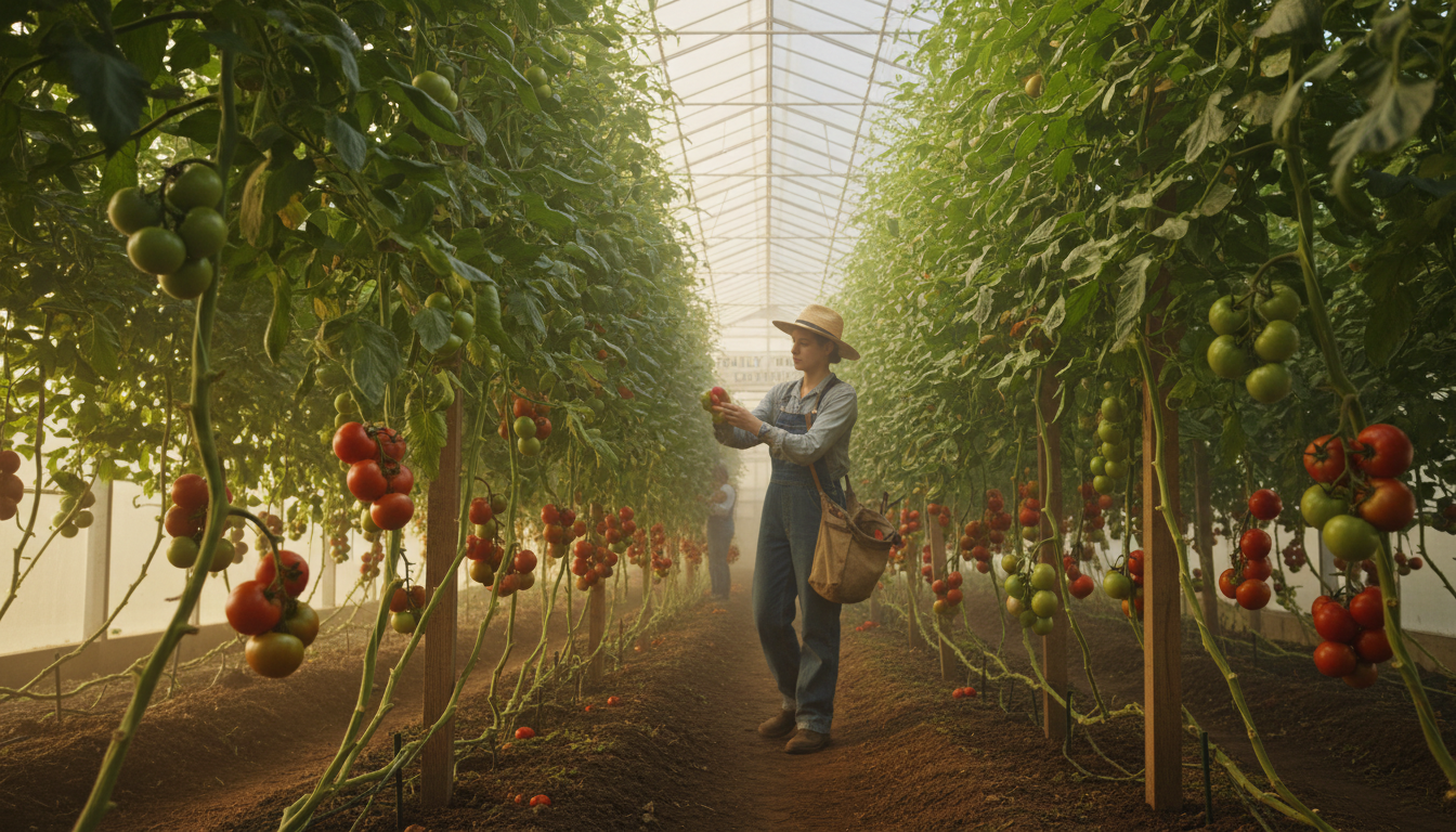 Proper staking and airflow management prevent common Ontario fungal diseases during humid July days. A grower walking through lush rows of tall tomato plants supported by stakes in a bright greenhouse.