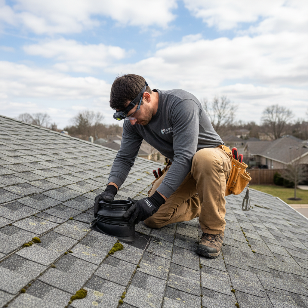 Soft metal components like vent boots often show hail damage more clearly than shingles. Roofer inspecting a vent pipe boot for cracks and dents on a residential roof