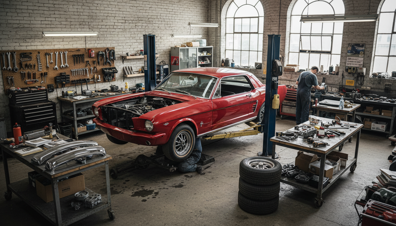 Elegir repuestos con compatibilidad garantizada reduce los tiempos de espera en el taller. Coche clásico Mustang 1965 en un taller de restauración rodeado de herramientas y repuestos listos para su instalación.
