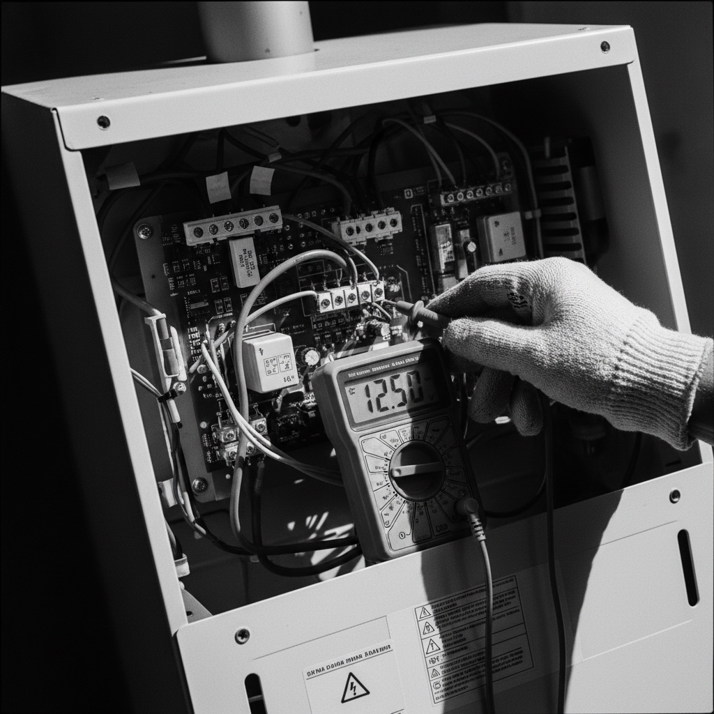 Wij controleren altijd of uw groepenkast geschikt is voor het gevraagde airco-vermogen. A technician using a digital multimeter to check electrical terminals on a heating system panel.