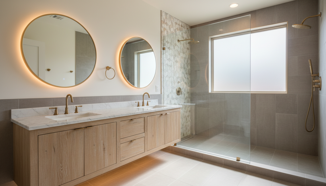 A written week-by-week schedule keeps crews accountable and homeowners informed throughout the project. Bathroom renovation in progress showing clean marble vanity and bright lighting during active construction phase