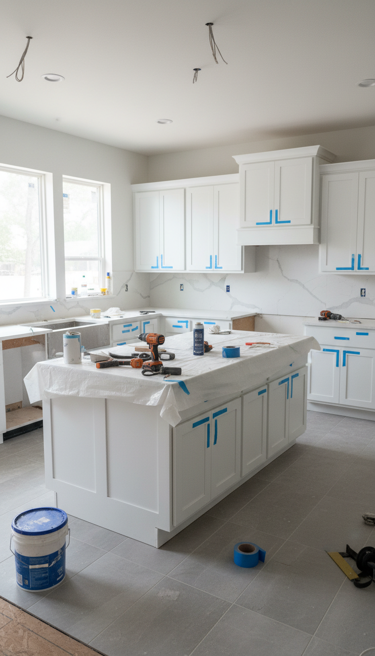 Kitchen updates like quartz countertops and shaker cabinets consistently offer some of the highest ROI in the DFW market. Bright modern kitchen in Fort Worth featuring white shaker cabinets and durable quartz countertops during a renovation project.