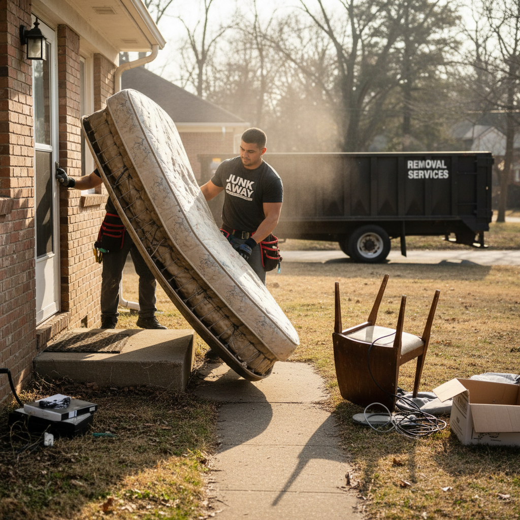 Bulky items like old mattresses are common attic finds that require specific disposal fees. Worker carrying an old mattress out of a house during a residential junk removal project.