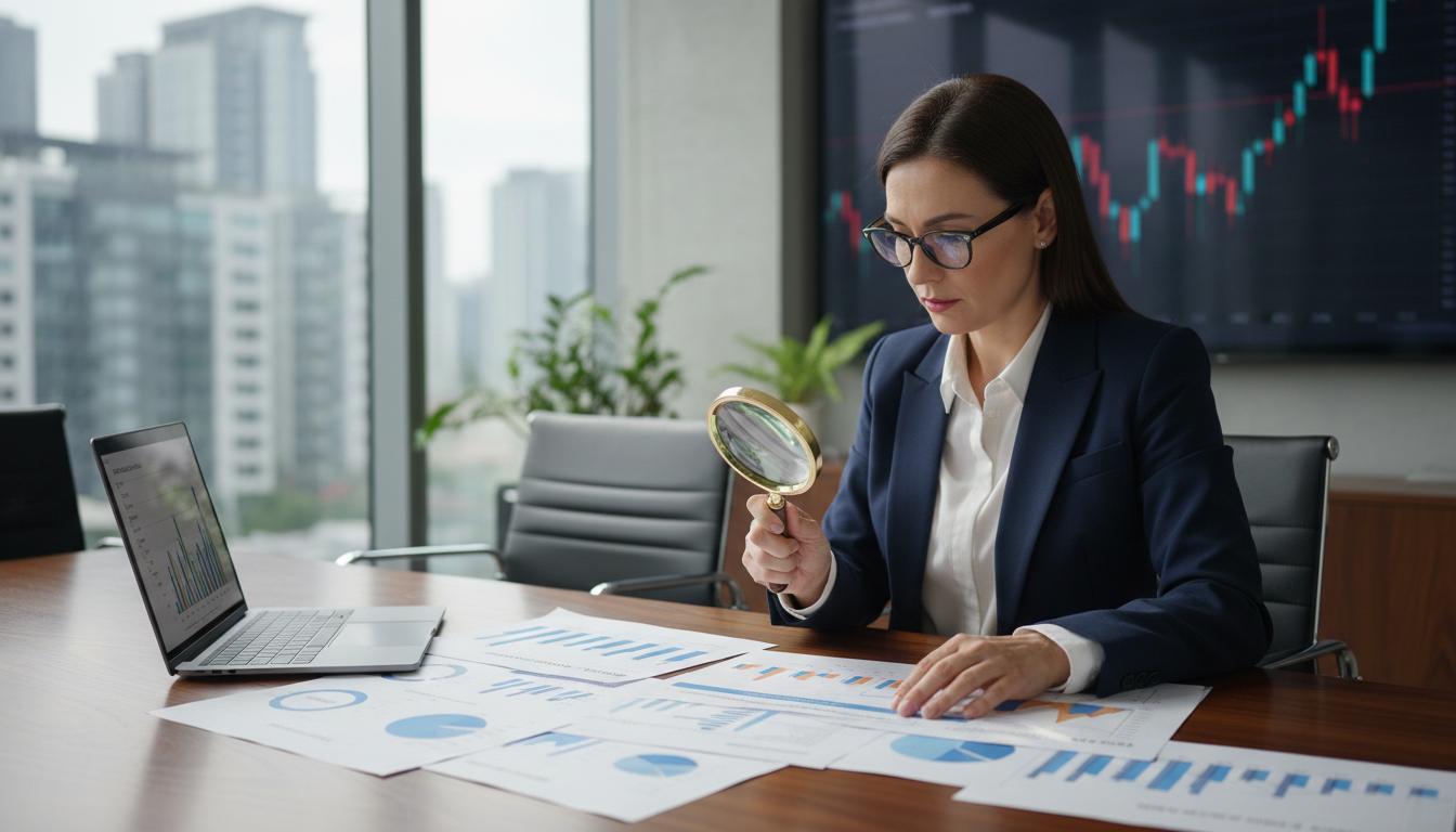 Scrutinizing your accounts receivable can reveal thousands in trapped revenue waiting to be recovered. A professional business consultant reviewing financial reports with a magnifying glass in a modern office.