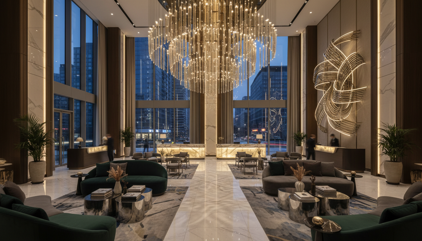 Transforming static luxury into cinematic stories through advanced AI visual processing. Modern luxury hotel lobby with dramatic lighting and contemporary high end furniture.