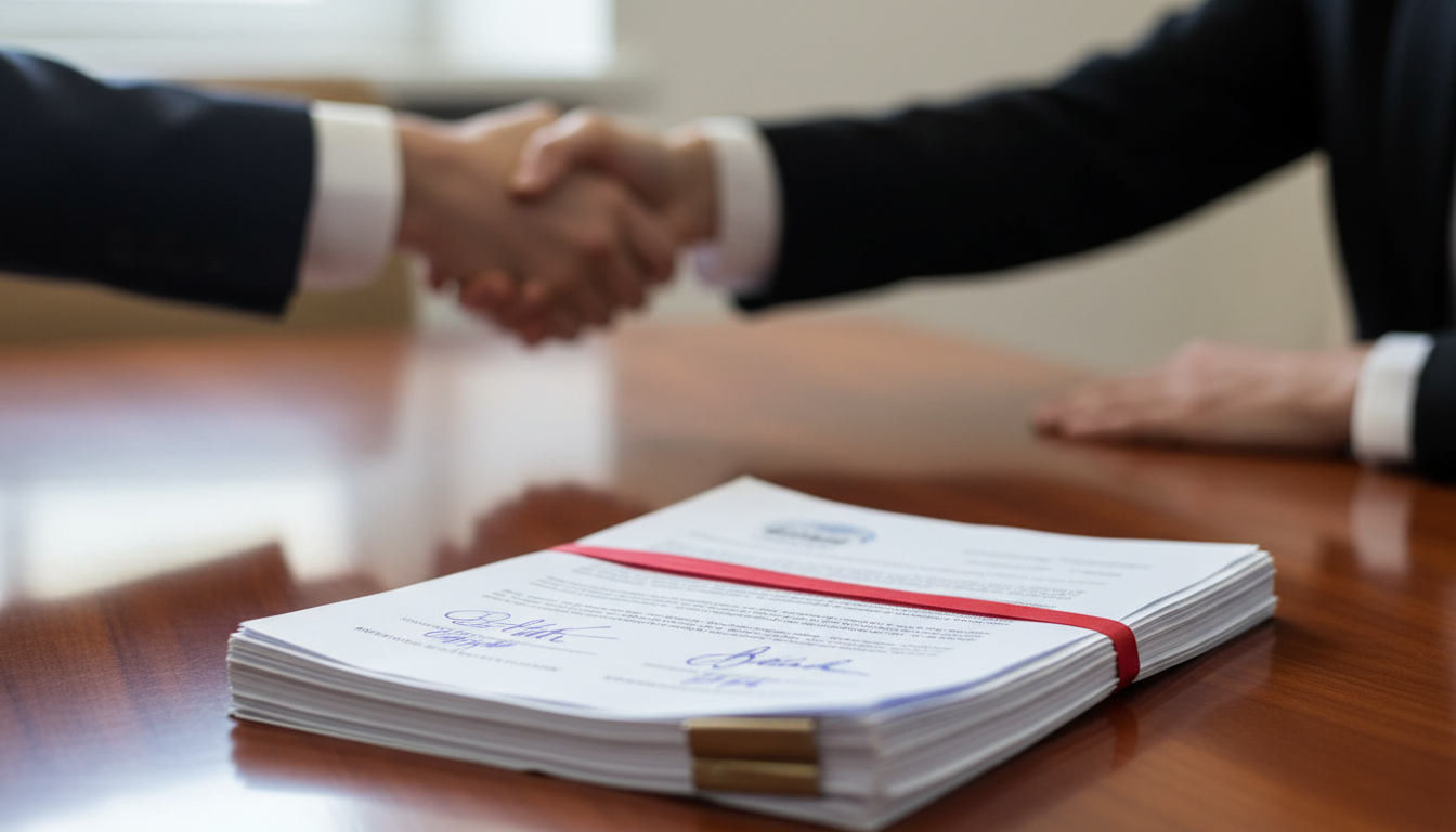 Professional fees for attorneys and agents are standard line items in traditional NJ home sales. A stack of signed legal documents on a conference table representing a finalized New Jersey real estate transaction.