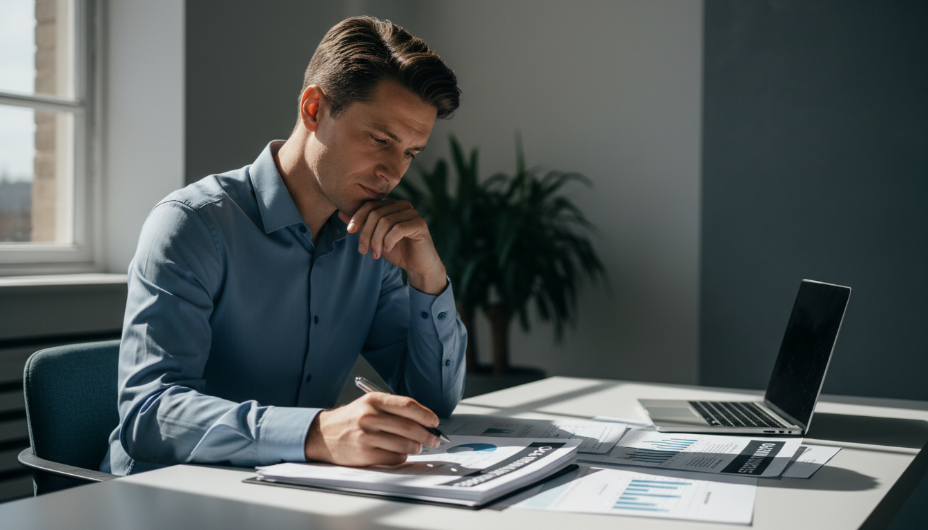 Fractional leadership allows mid-market companies to access 30 years of executive experience on a flexible basis. A founder at a clean desk reviewing printed analytics reports with a pen, embodying the fractional leadership style.