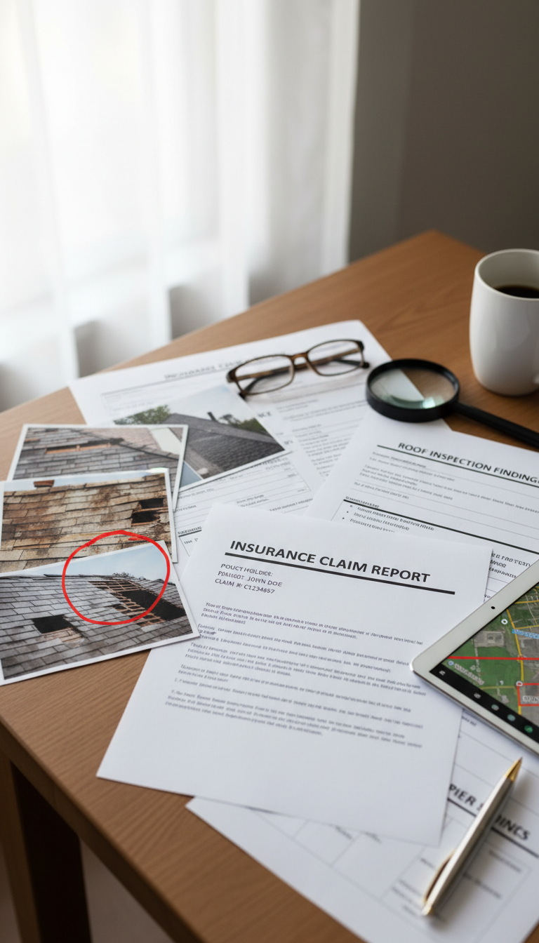 Proper documentation, including photos of the impact, is critical for a successful insurance claim. Insurance claim documents and roof inspection photos spread out on a desk for review
