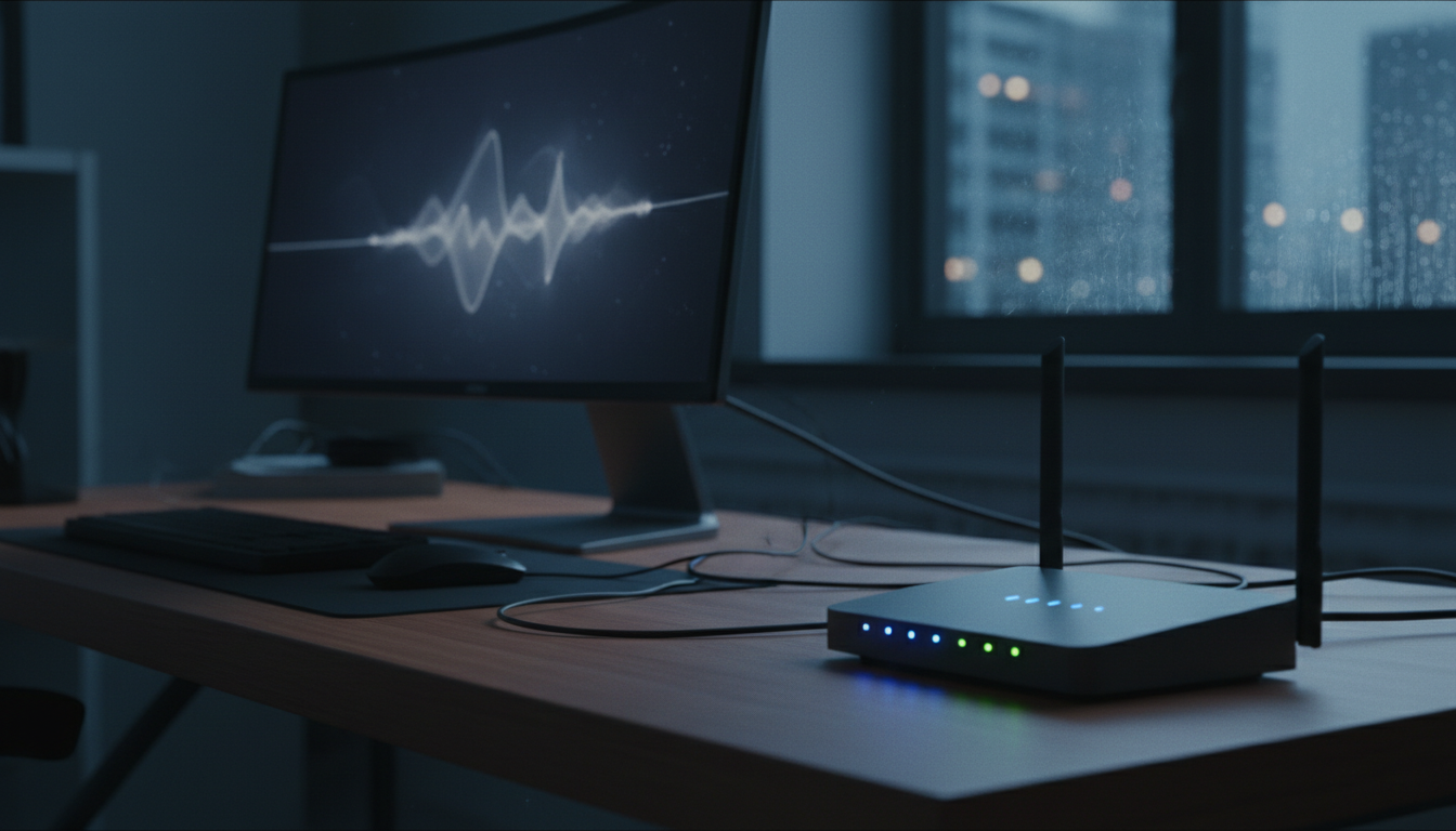Don't trust home Wi-Fi for massive file transfers: physical connections are much safer. A wireless router with blinking green lights sitting on a desk near computer equipment.