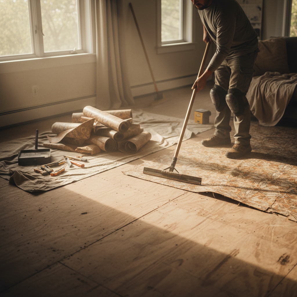 Properly removing old material is the first step toward a long-lasting new floor. An installer removing old flooring material from a residential room, revealing the subfloor during a renovation.