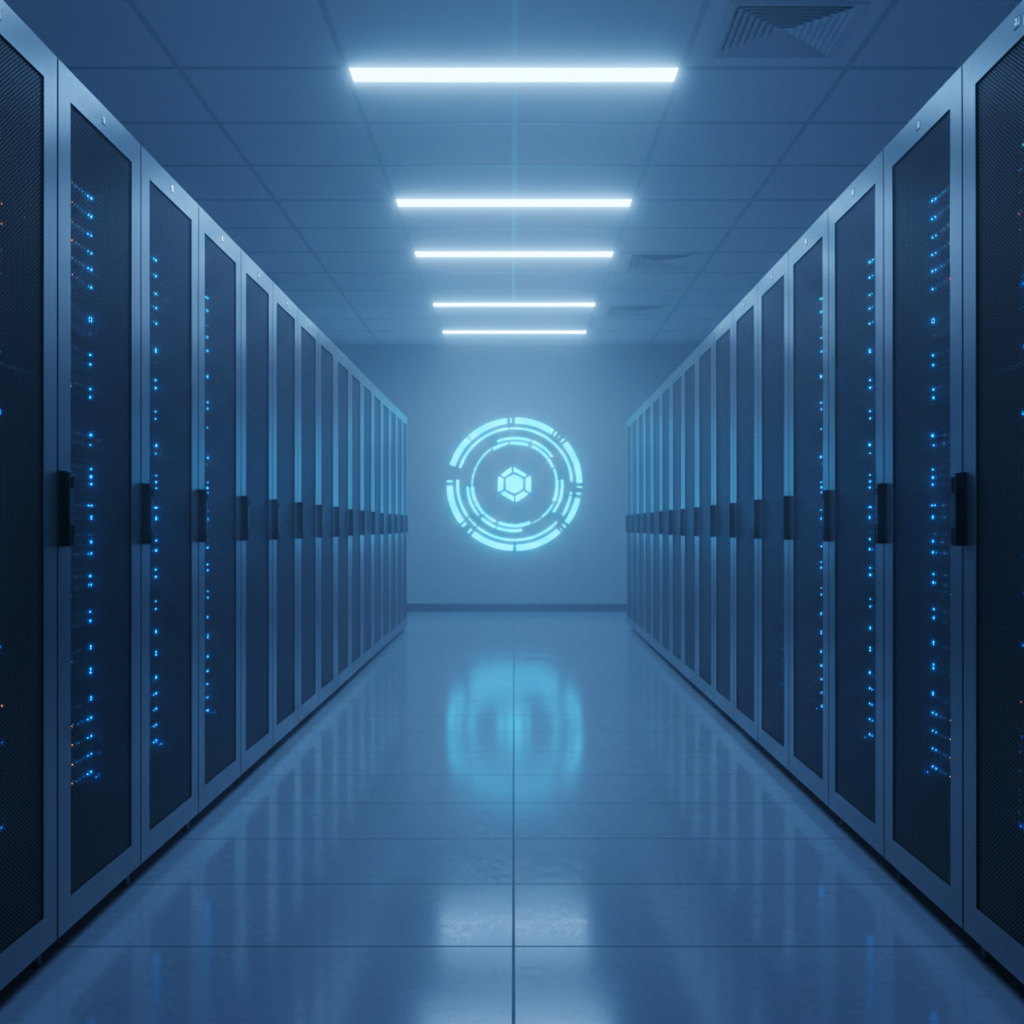 Custom web applications allow for deeper optimization with your existing server infrastructure and hardware. A modern data center aisle with rows of server cabinets and cool blue ambient lighting.