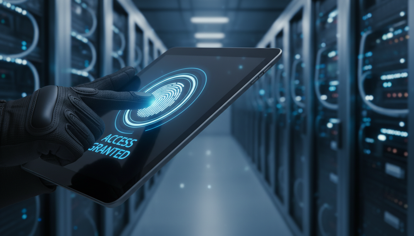 Zero Trust models ensure that every access point is authenticated, regardless of the user's location. Close up of a professional using a fingerprint scan on a tablet to access secure data.
