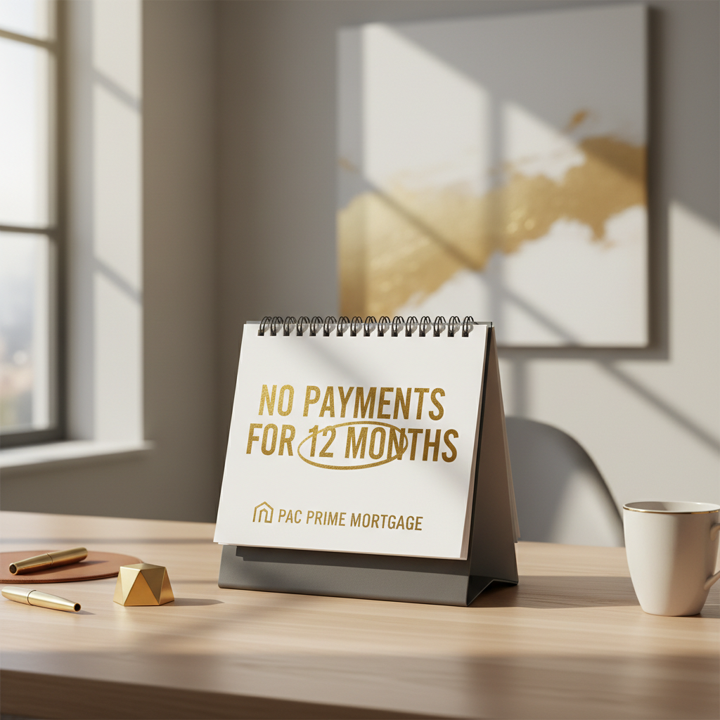Enjoy financial breathing room with zero payments for the first year of your bridge loan. Blue and white graphic highlighting the benefit of no payments for twelve months.