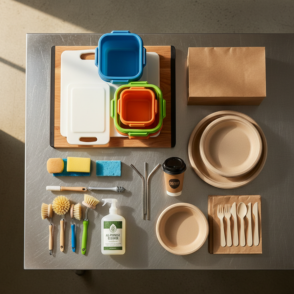 Implementing a color-coded storage system is the first step in preventing cross-contamination. Organized commercial kitchen smallwares including cutting boards, food containers, and service items on a stainless steel counter.