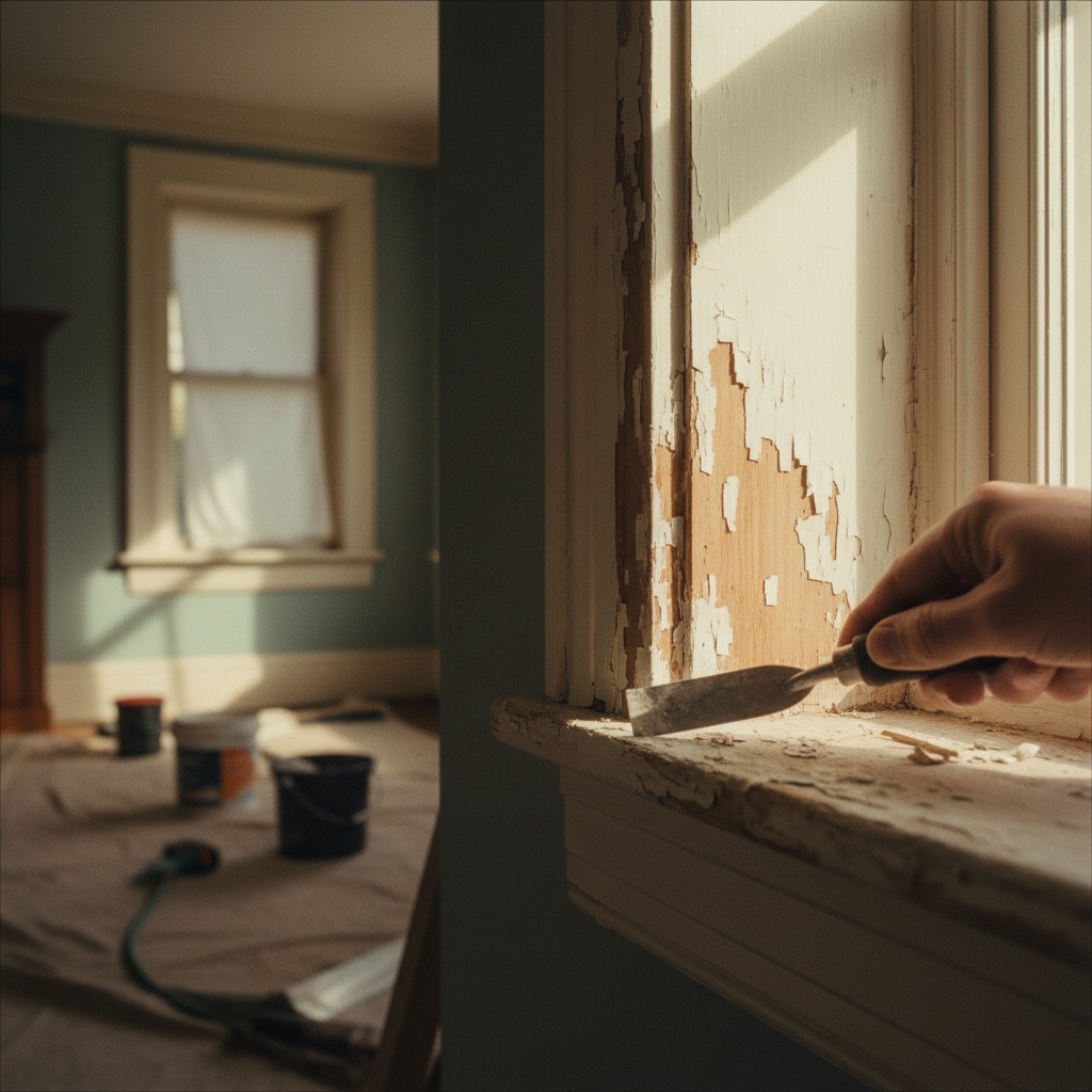 Thorough preparation, including scraping and sanding, is vital before applying high-sheen paints. Close up of a painter using a tool to scrape old paint from a surface during the preparation phase.