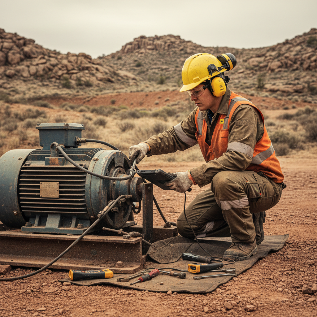 Off-grid electrification requires intelligent power management and proven drive technology working together. Field technician in safety gear performing diagnostics on an industrial motor system at a remote outdoor mining site
