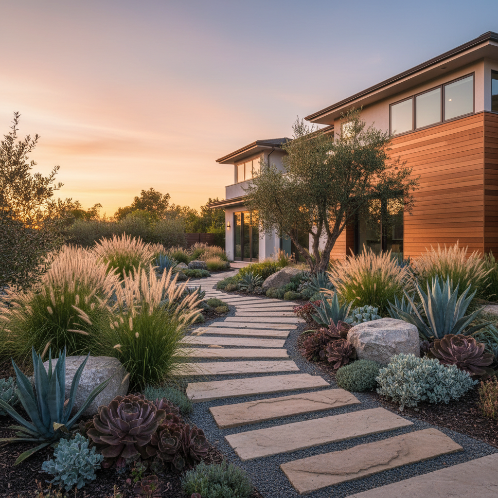 Replacing grass with stone pathways significantly reduces weekly maintenance requirements. Curved stone pathway winding through a modern residential garden with low maintenance shrubs.
