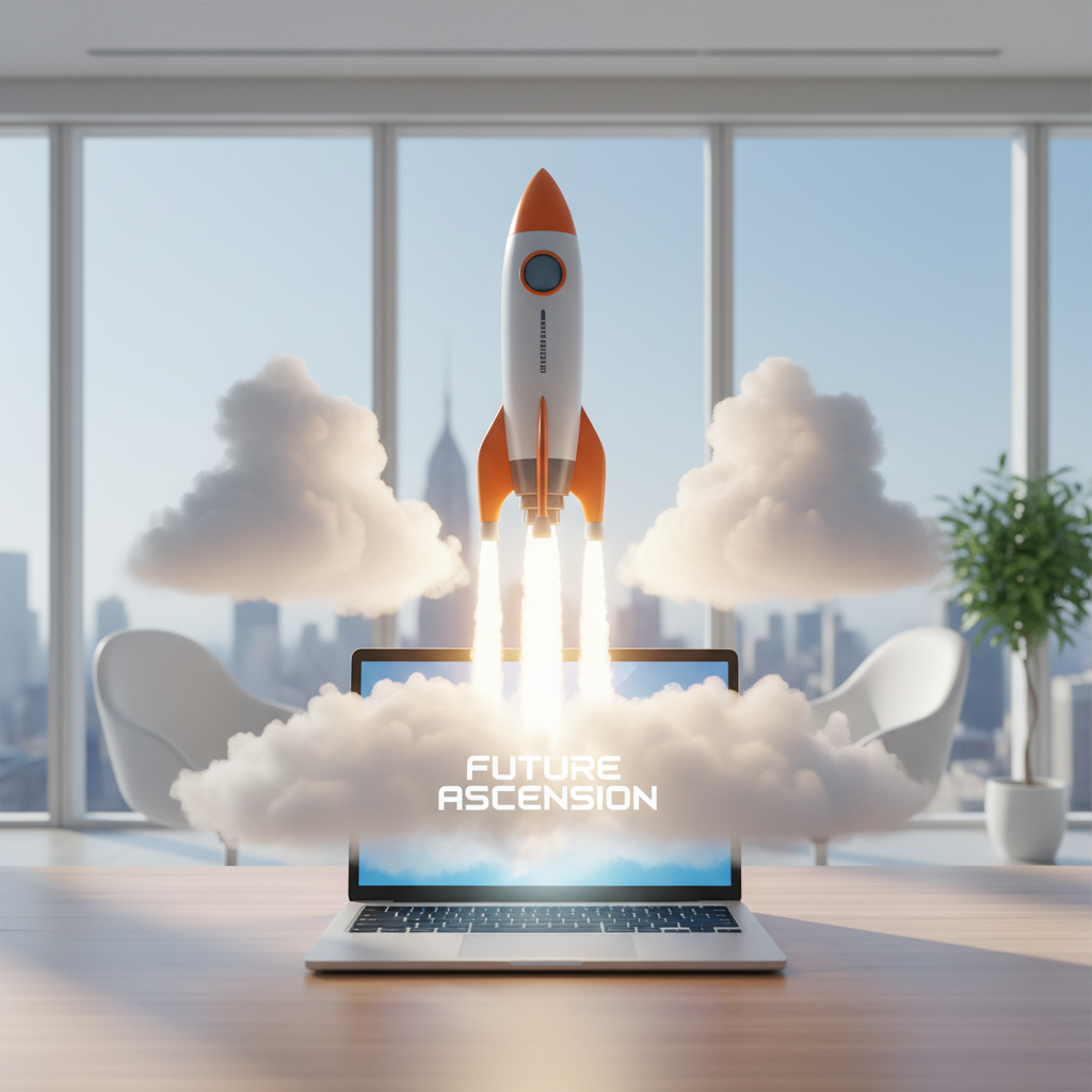 Take your AI-powered website to the next level with professional optimization. A rocket launching from a laptop screen representing a successful business website launch in a modern office.
