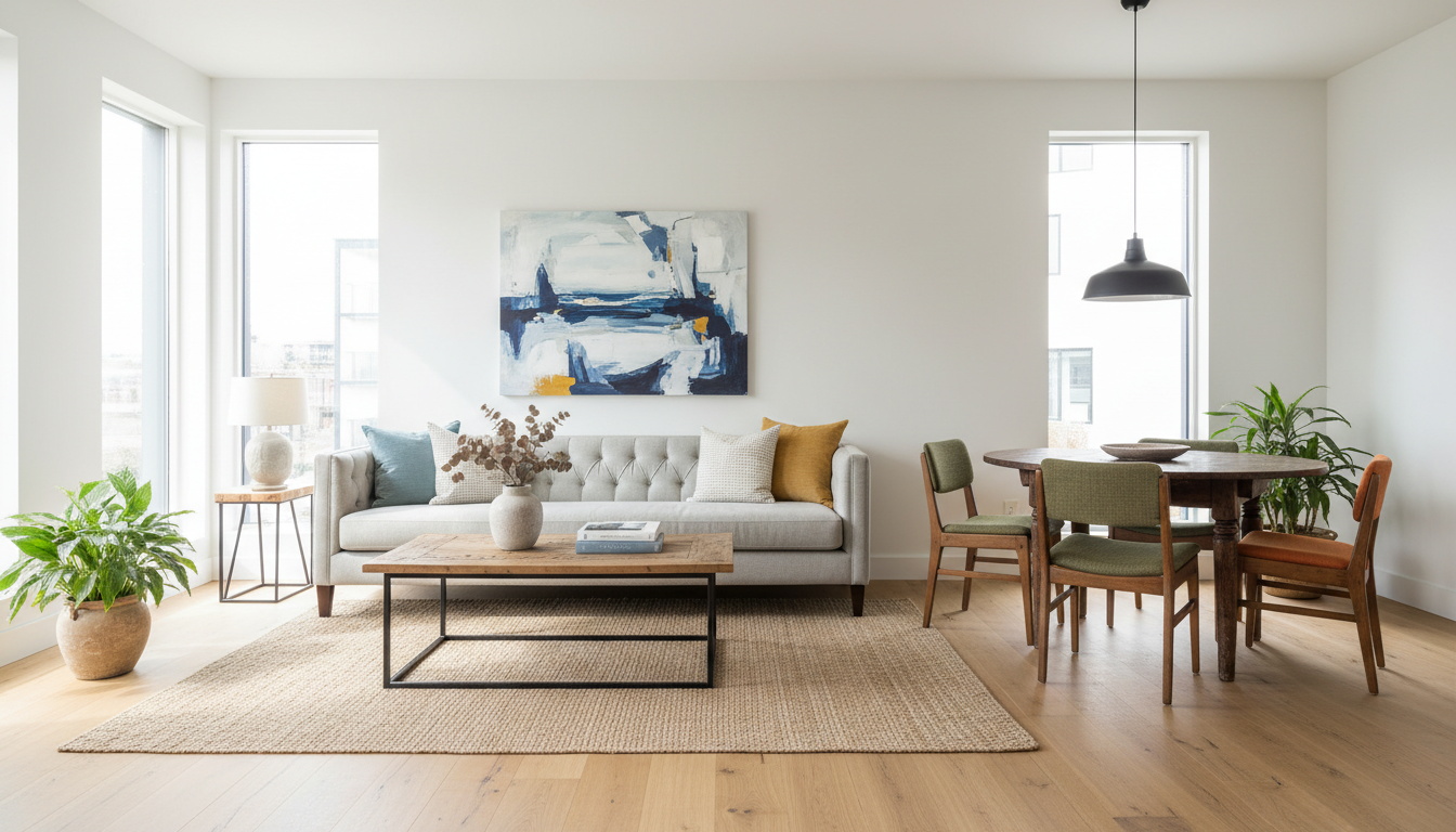 Clean, well-lit photos without clutter help your used furniture stand out in the local market. A well-staged, clean living room featuring a used sofa and dining table in bright natural light.
