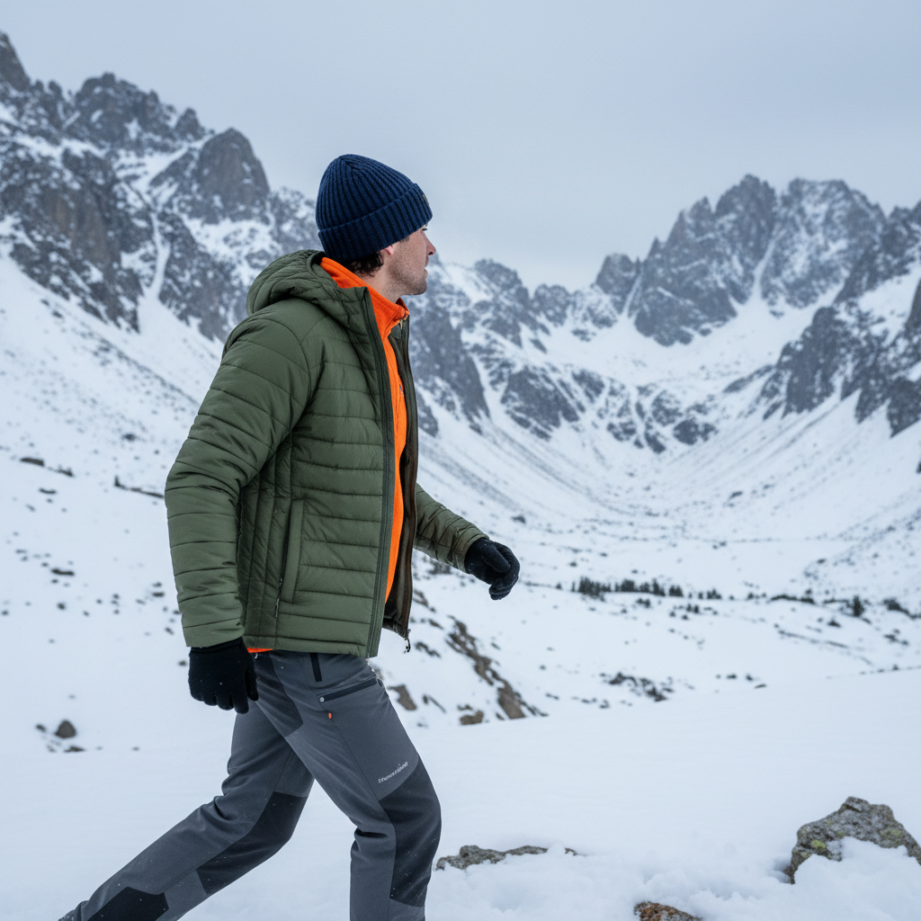 Local shops curate products specifically for the rugged Utah climate and seasons. Person wearing winter gear in the Fillmore mountain landscape, highlighting products suited for local Utah weather.