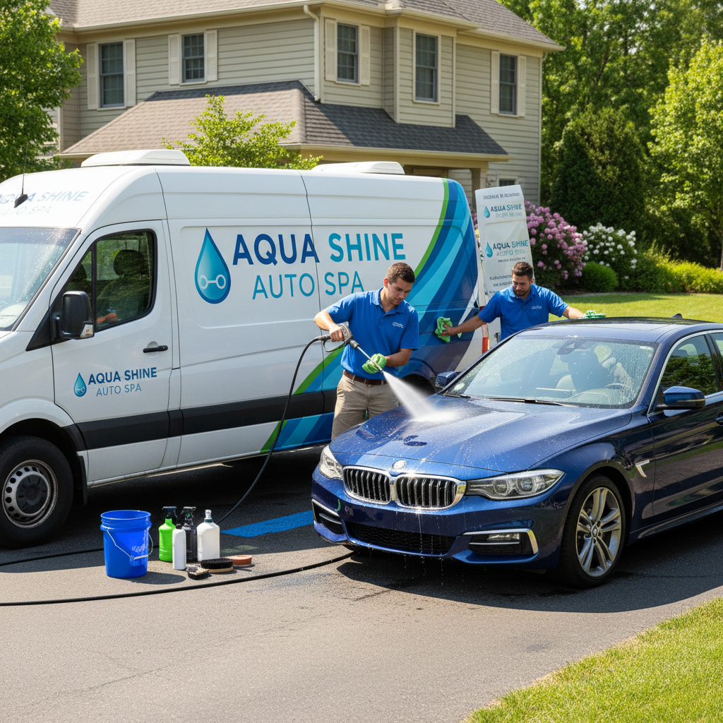 A proper hand wash removes surface dirt without the scratching risk of automatic tunnels. Mobile car wash professional cleaning vehicle exterior at a residential driveway with soap and water
