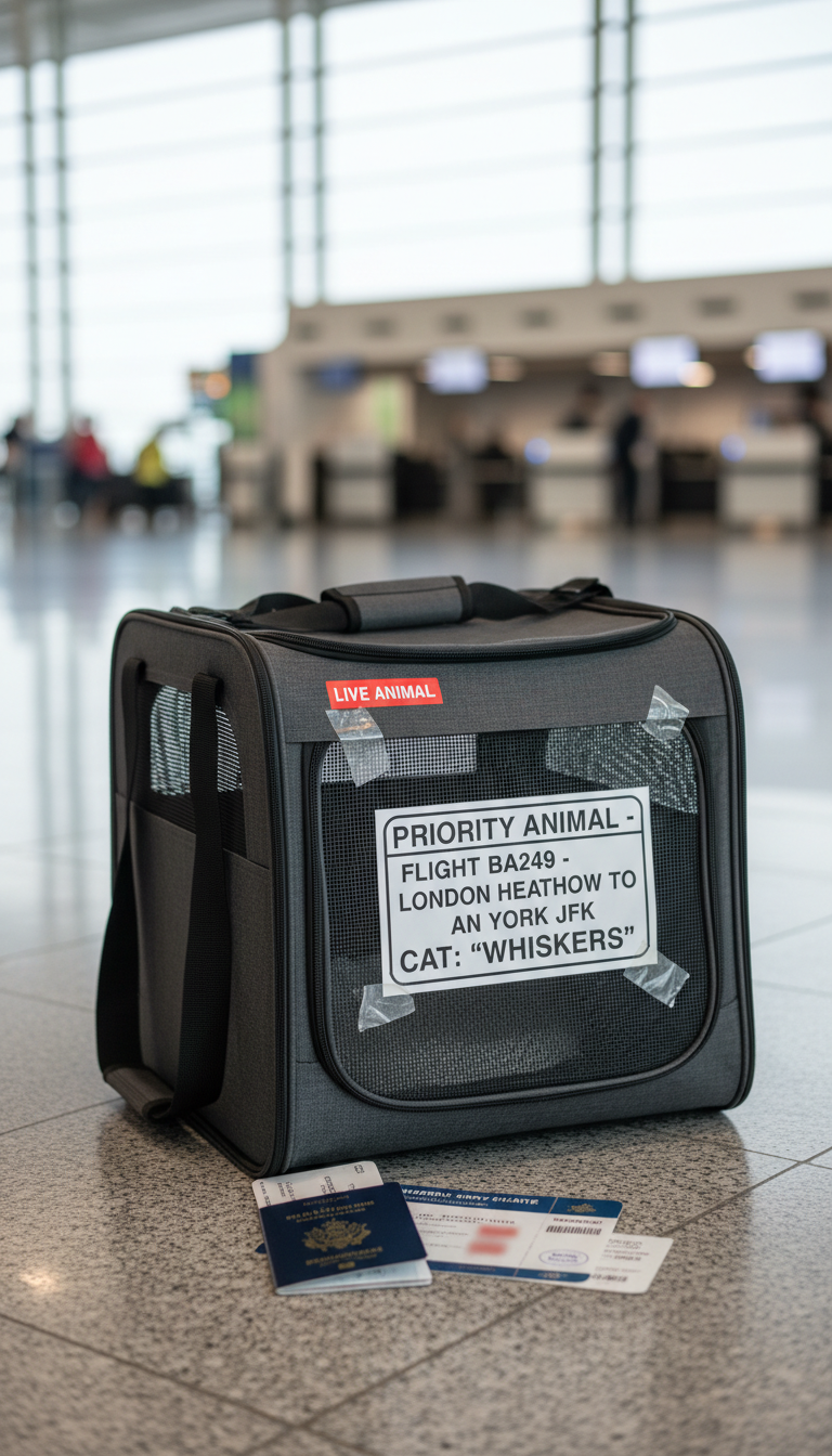 Cat carrier with airline tag and paperwork attached